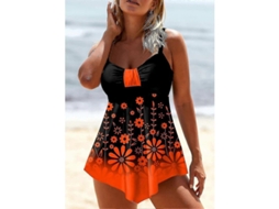 Traje De Banho Plus Size Feminino Floral Tankini Moda Sexy Com Shorts Biquíni Estampado Laranja