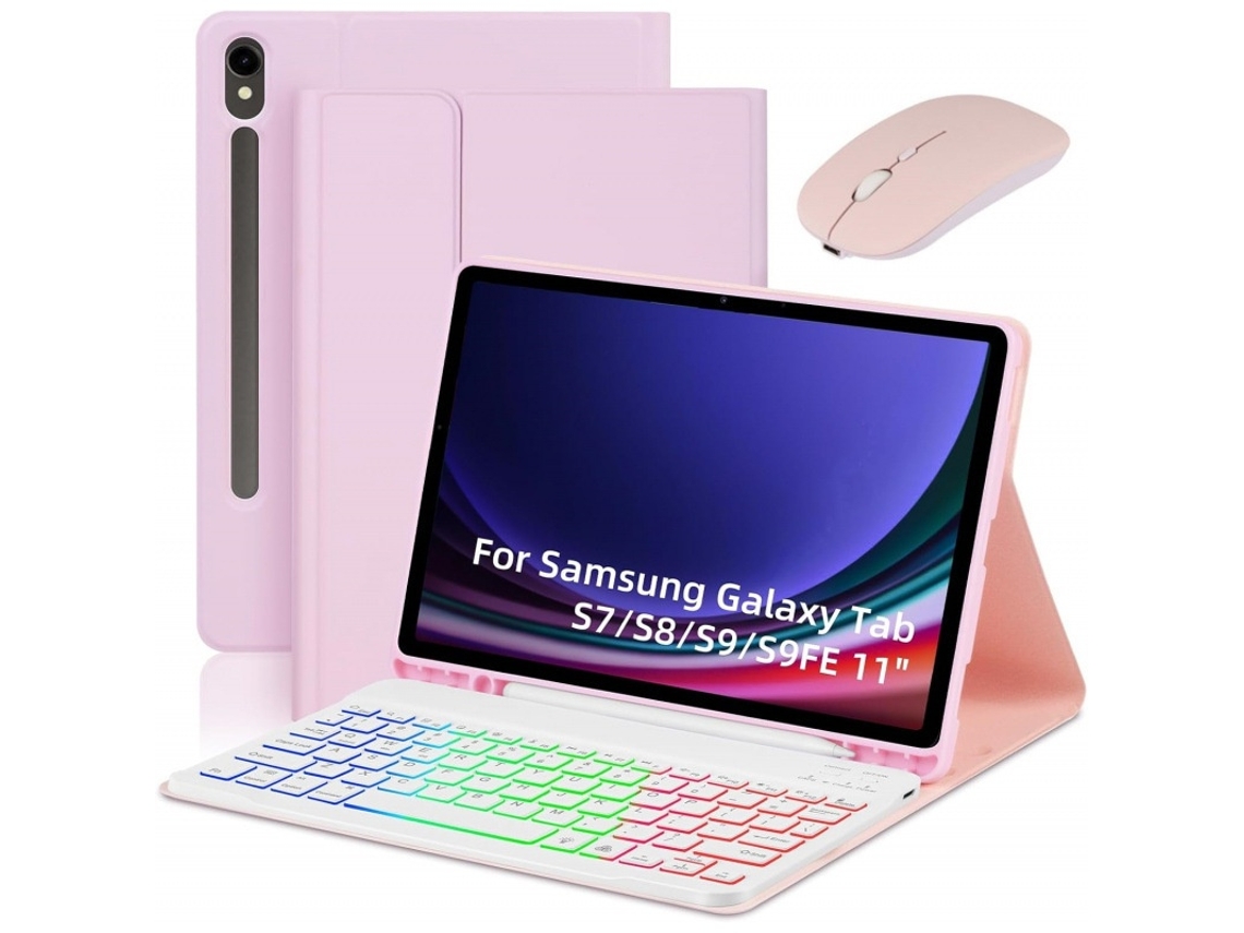 Lurelia Capa Com Teclado Bluetooth Para Samsung Tab S8 Plus 12.4" Retroiluminação Colorida E Rato, Layout Pt, Rosa E Branco