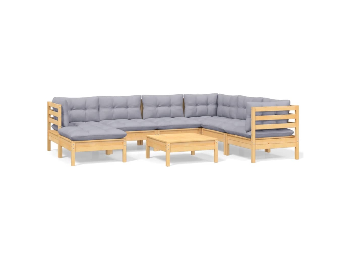 Conjunto de 8 Lounge de Jardim com Almofadões Cinza Pinho Maciço MAISON EXCLUSIVE