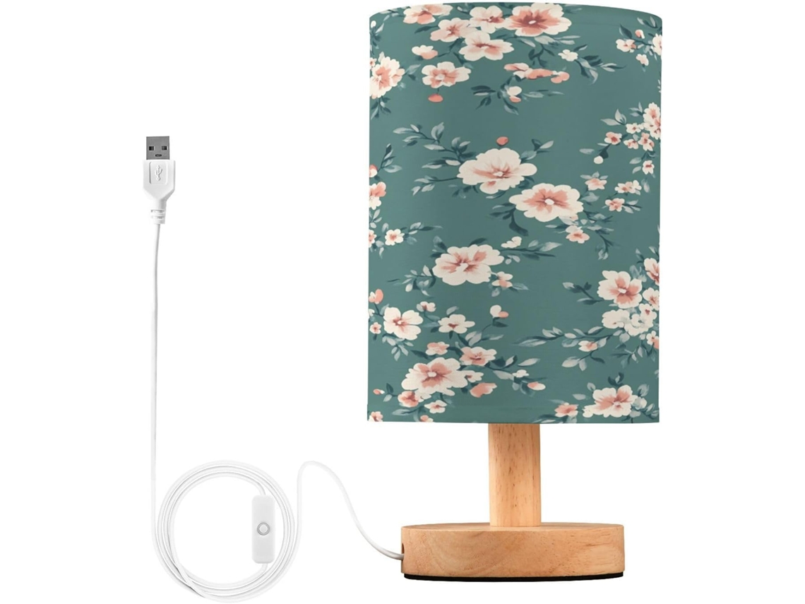 Cabeceira pequena Abajur em formato de flor, com suportes para USB-C, luminária de leitura LED e base de madeira.
