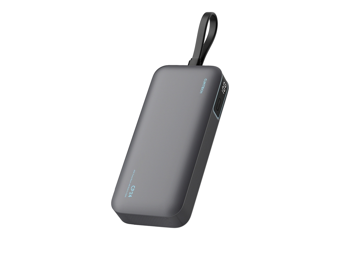 Powerbank CUKTECH de 20000mAh com USB-A, USB-C e cabo integrado, cinza
