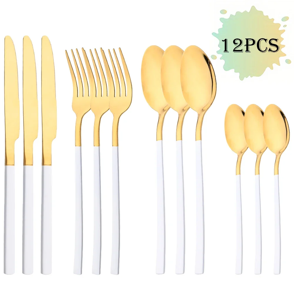 MDUG (conjunto de Talheres de Aço Inoxidável Branco Dourado, com 12 Peças, Incluindo Faca, Garfo e Colher de Café)