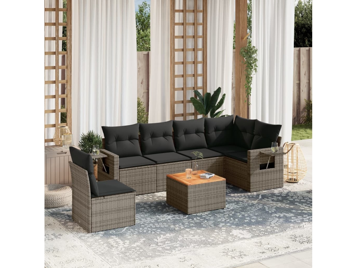 Vidaxl 7 Pcs Conjunto Sofás P/ Jardim C/ Almofadões Vime Pe Cinzento