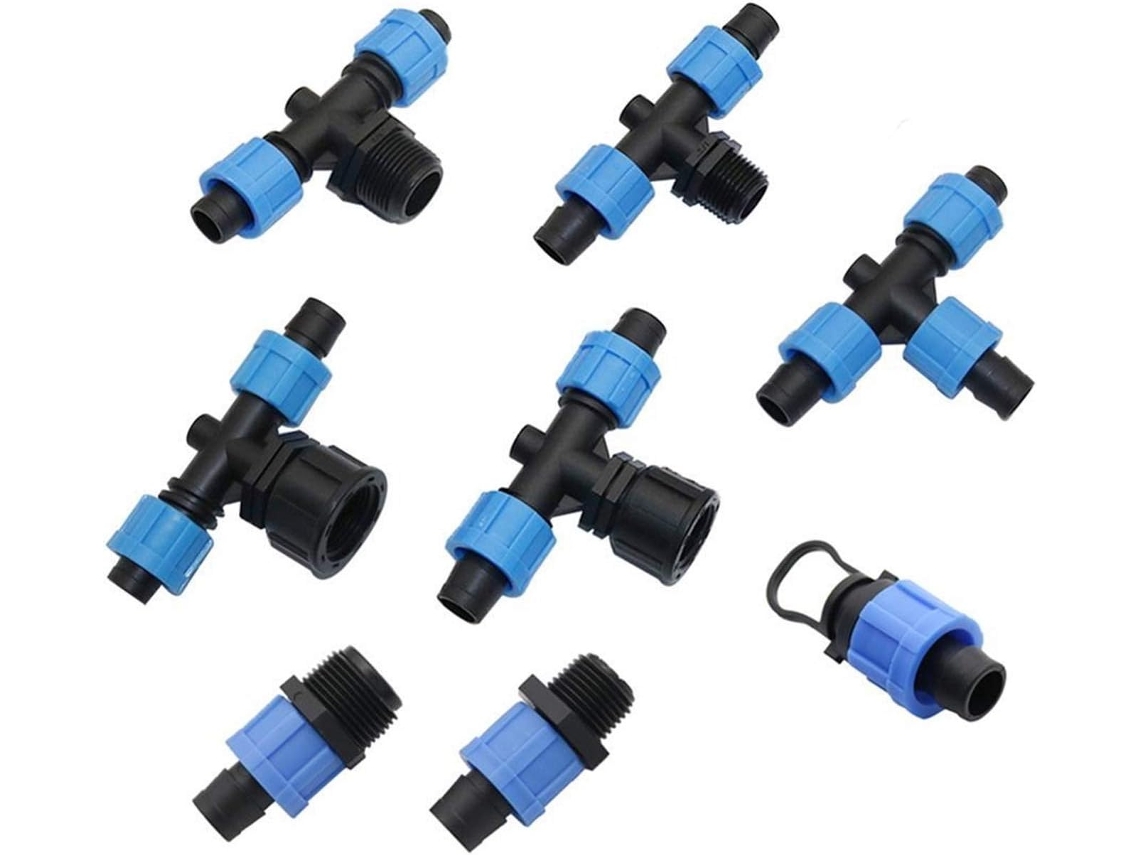 Conjunto de 2 Peças Irrigação por Gotejamento 16 Mm com Conector Reto Três Vias e Trava 1/2" 3/4" Dn17 para