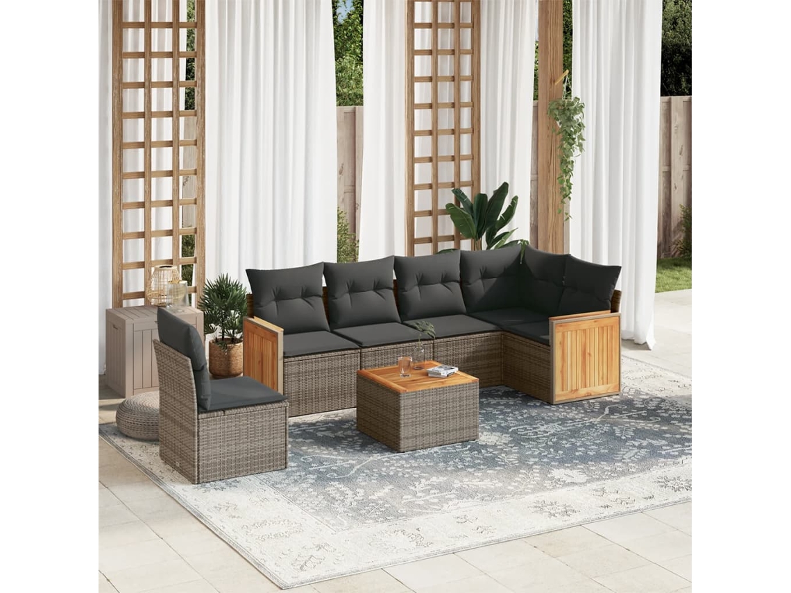 Vidaxl 7 Pcs Conjunto Sofás P/ Jardim C/ Almofadões Vime Pe Cinzento