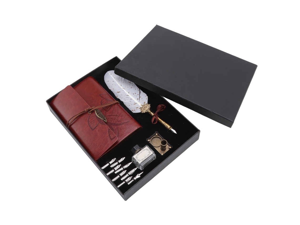 Conjunto de Caderno com Caneta de Pena Clássica, Folha Solta, 8 Canetas Recarregáveis, Presente para Idosos e Professores, Pontos Brancos
