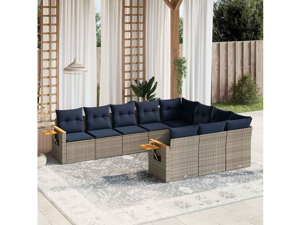 Vidaxl 10 Pcs Conjunto Sofás P/ Jardim C/ Almofadões Vime Pe Cinzento