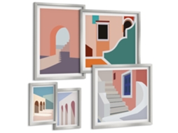 Pinturas Murais Modernas Folhas Verdes Plantas Tropicais Moldura Prateada Quadros Para A Sala De Estar Espelharte (conjunto De 5 Imagens)
