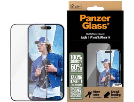 Película de Vidro para Ecrã PANZERGLASS iPhone 15 / 16 / 2024 6.1'' - Ultra-Wide Fit