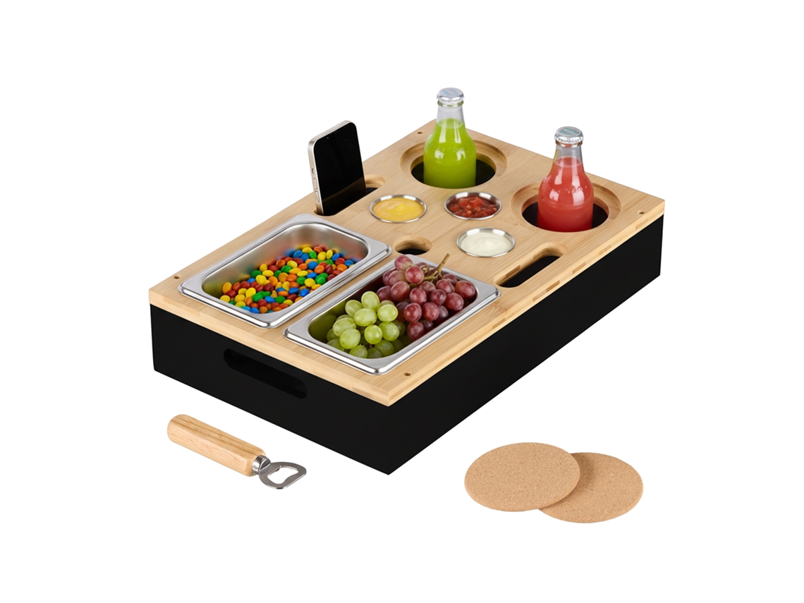 Relaxdays Couchbar, Bambu, 2 Tigelas Para Snacks, 3 Tigelas Para Dips, Inox, Suporte Para Bebidas, Sofá Bar, Preto/nat.