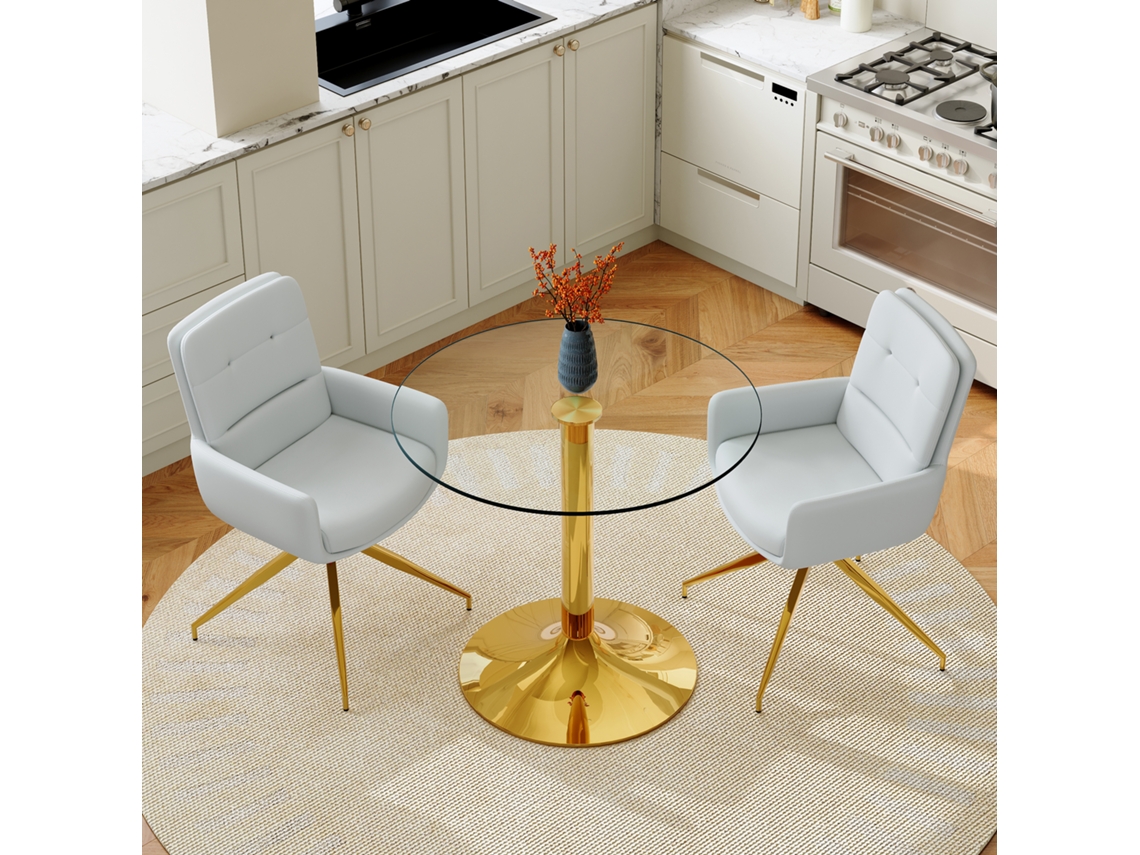 Conjunto Mesa Vidro 85cm 2 Cadeiras Giratórias Pu Cinza Claro