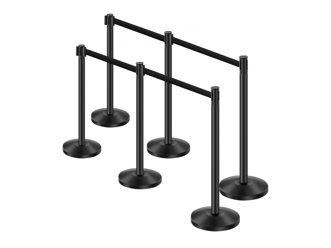 Conjunto De 6 Barreiras De Contenção Retráteis Em Aço Preto Com Base Enchível Tekmaquinas