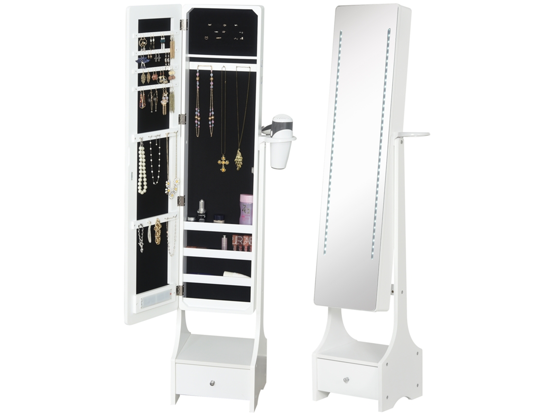 Joalheiro De Pé Com Espelho Luz Armário Para Jóias Com De Corpo Inteiro 3 Ângulos Ajustáveis Com Gaveta E Suporte Para Secador 37x30x158cm Branco