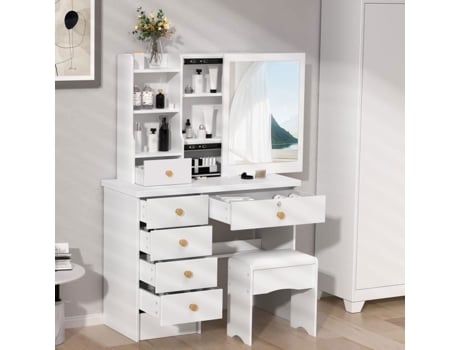 Coiffeuse - FLASIDU - Grande Espelho - 6 Gavetas - Moderna - Banquinho Confortável 80 x 40 x 135 CM (L x l x H) Branco