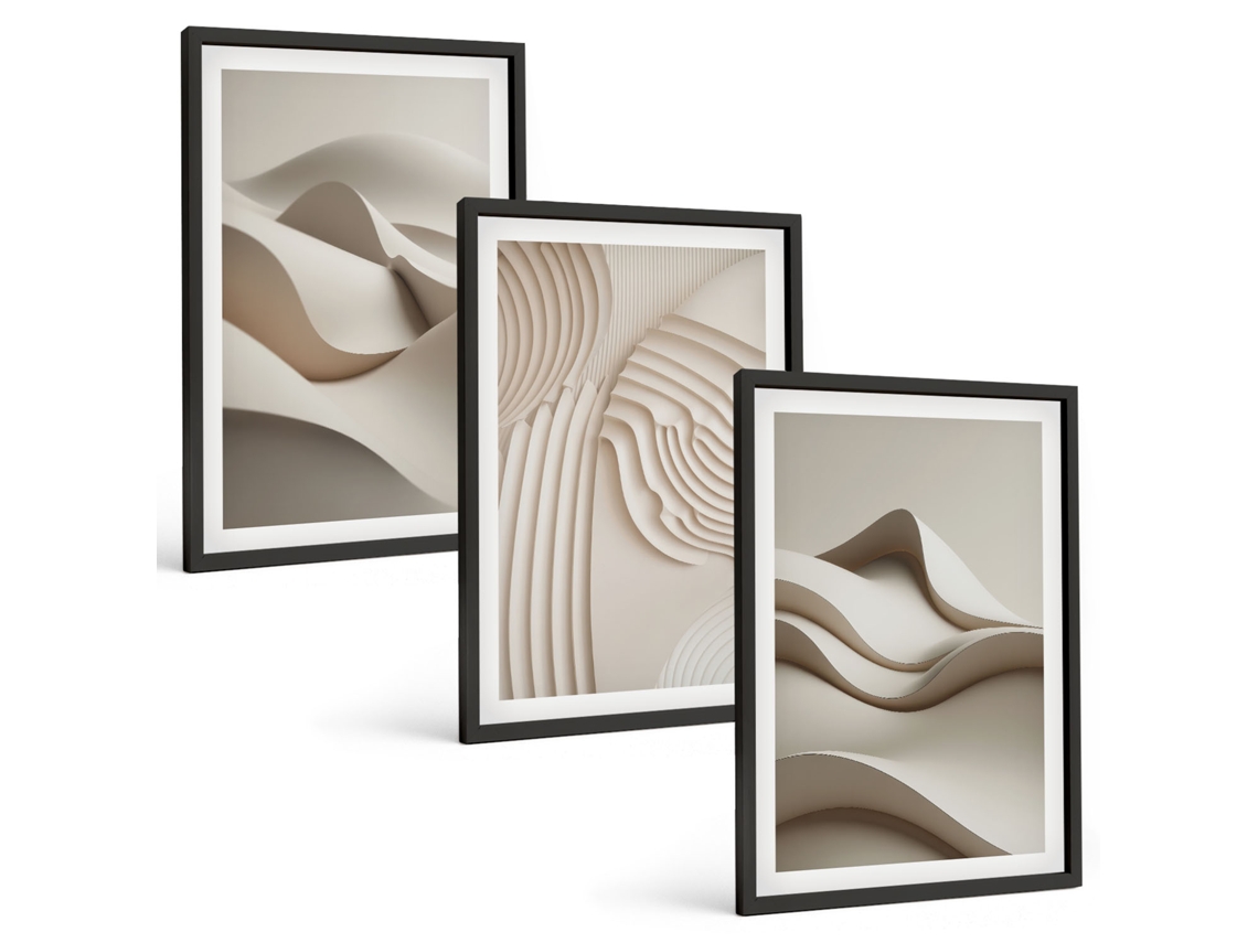 Quadros Decorativos Para Parede Ondas Abstratas Em Bege Moldura Preta Imagens Para Um Quarto Infantil Espelharte (3 Piezas De 40x60 Cm)