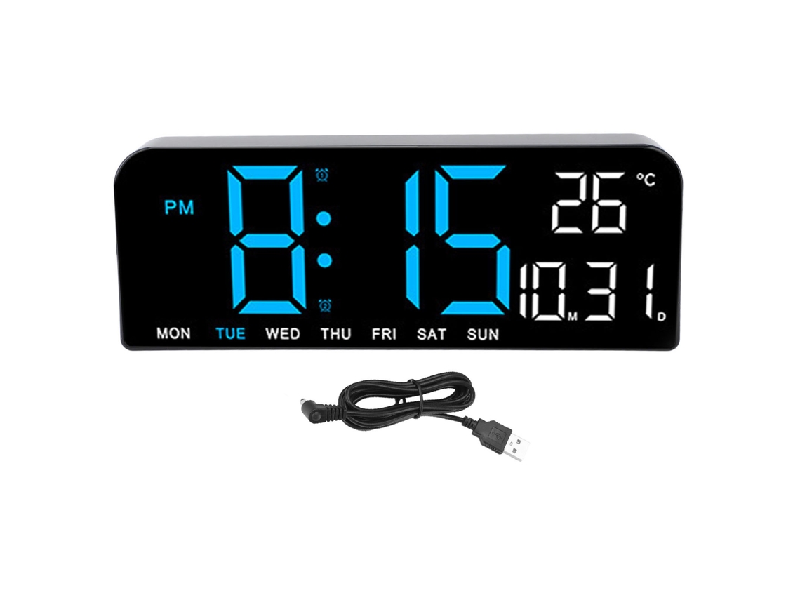 Despertador digital LED grande Baok com temperatura, data, dia da semana, brilho ajustável, formato 12/24h para casa, quarto e escritório, azul.
