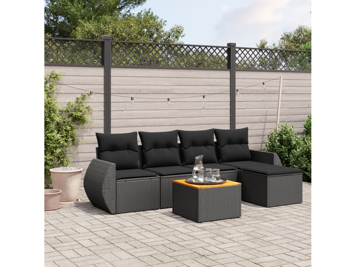 6 Pcs Conjunto Sofás De Jardim C/ Almofadões Vime Pe Preto Dkd Home Decor