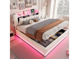 Cama Estofada Inteligente De 180 X 200 Cm Com Iluminação Led, Armazenamento Usb E Hidráulico, Capa De Veludo Macio E Estrutura Metálica, Bege-op