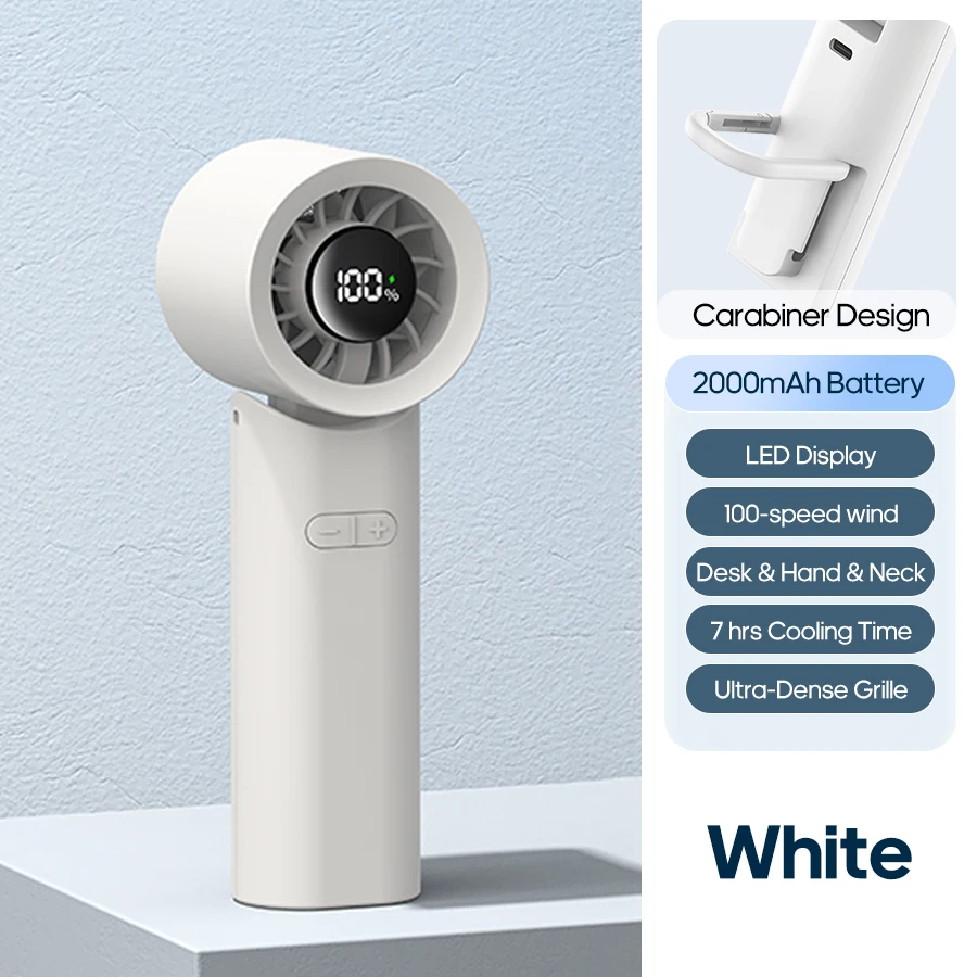 (branco) Ventilador Portátil De Alta Velocidade, 2000mah, Dobrável, Com Visor Digital Led.