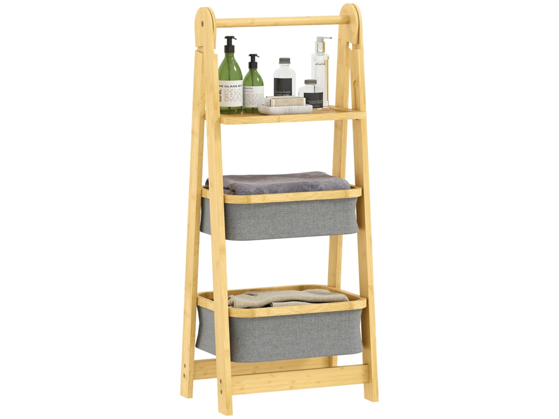 Estante Dobrável Cinzento Para Casa De Banho Bambu Com 2 Cestos Roupa Suja Aberto 44,5x32x99 Cm