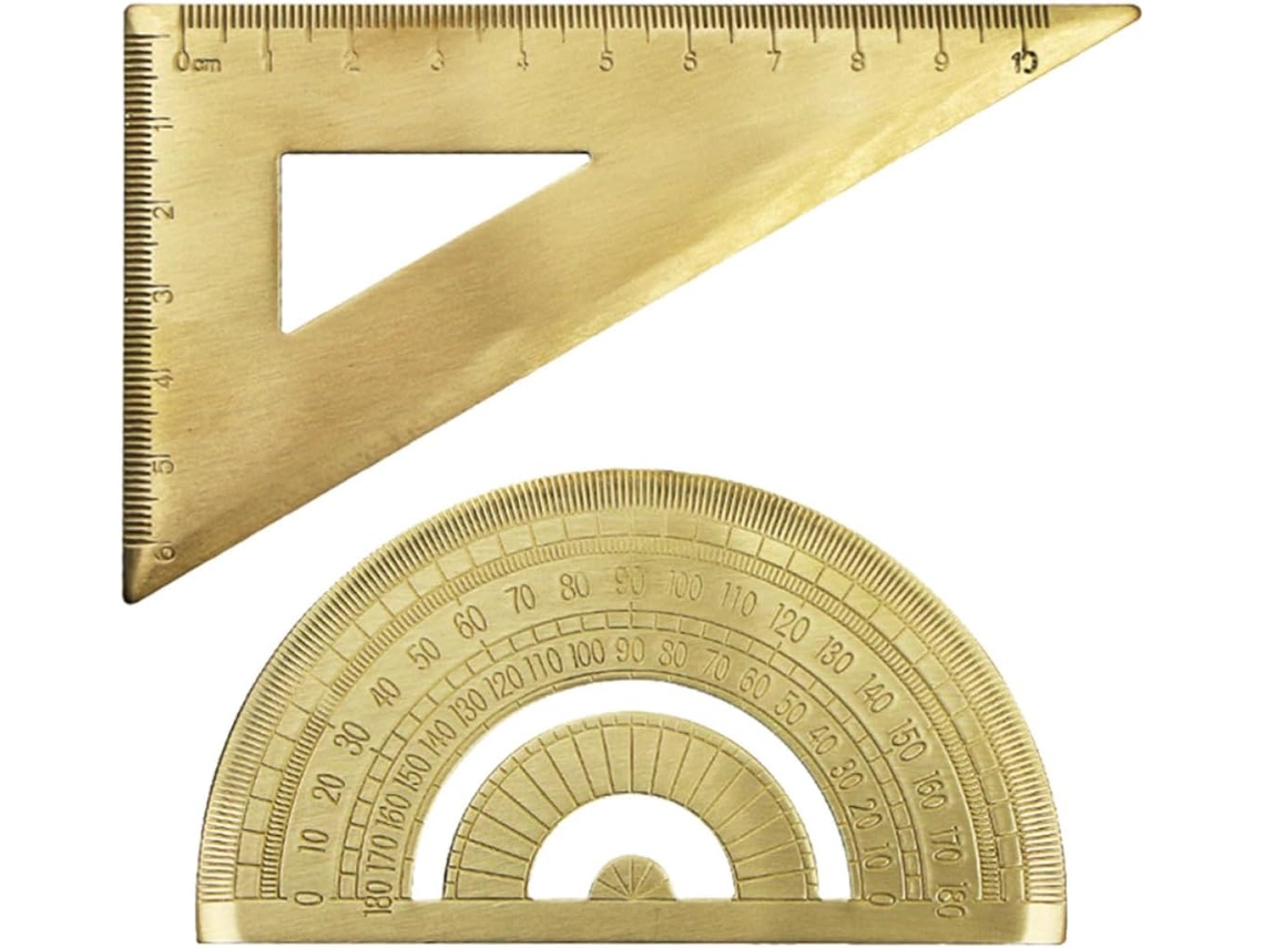 Conjunto De Régua Triangular Com Transferidor Em Latão Dourado,