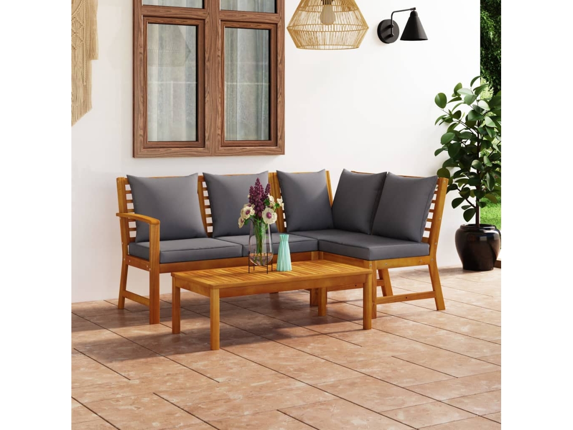 Conjunto Lounge Jardim 4 Peças C/ Almofadões Acácia Maciça Dkd Home Decor