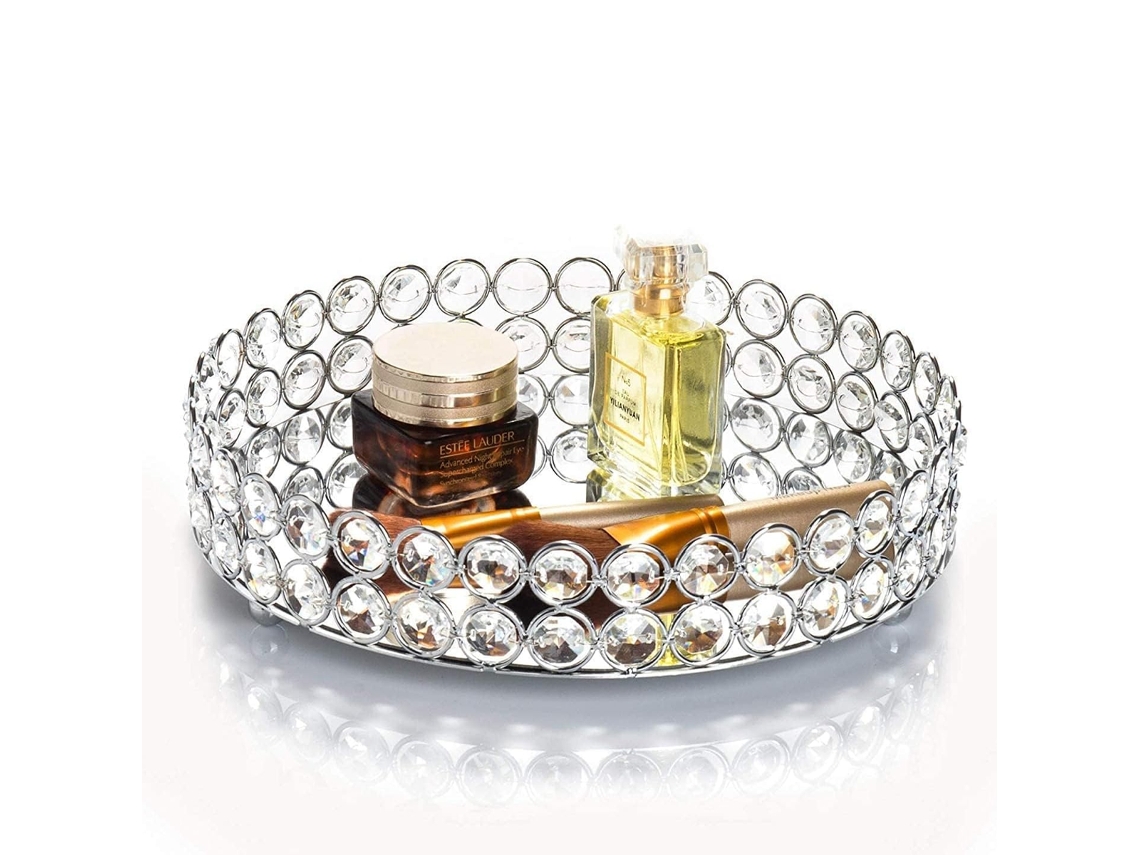 Bandeja Decorativa De Armazenamento Para Produtos Cosméticos Com Contas De Cristal E Fundo Espelhado