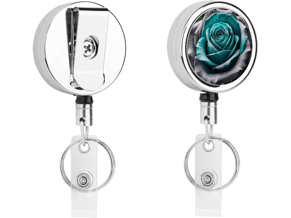 Porta Crachá Retrátil Com Estampa Floral Em Tons De Cinza, Azul Petróleo E Rosa, Clipe Divertido, Porta Crachá Retrátil
