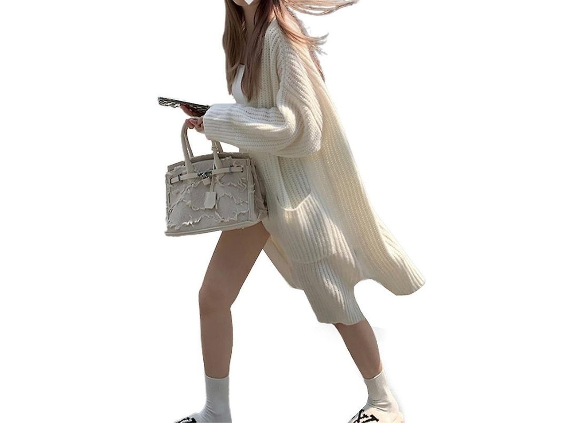 2026 suéter Cardigã de Lã Grossa Oversized para Mulher com Mangas em Gola e Frente Aberta