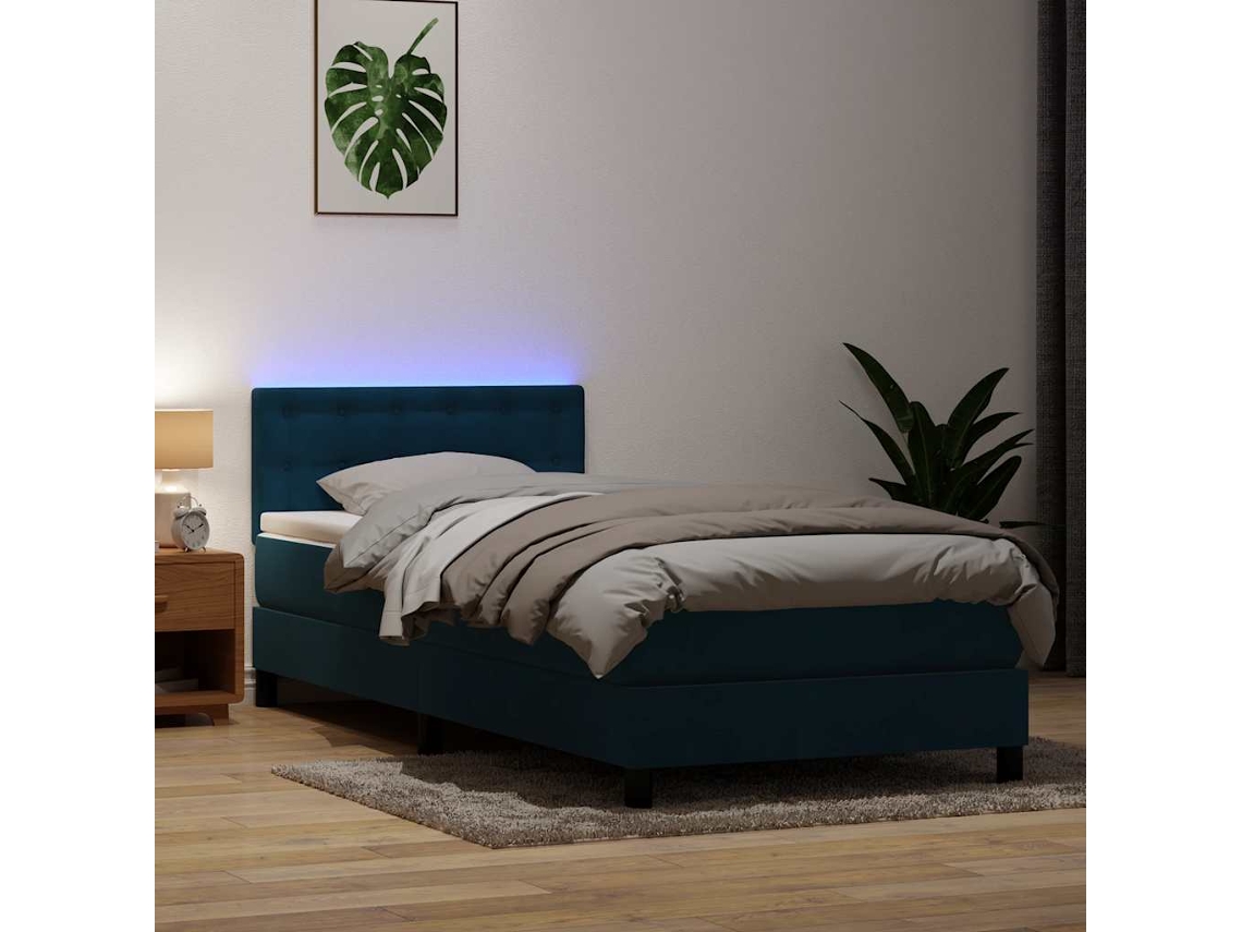 Vidaxl Cama Box Spring C/ Colchão E Led 80x220 Cm Veludo Azul-escuro