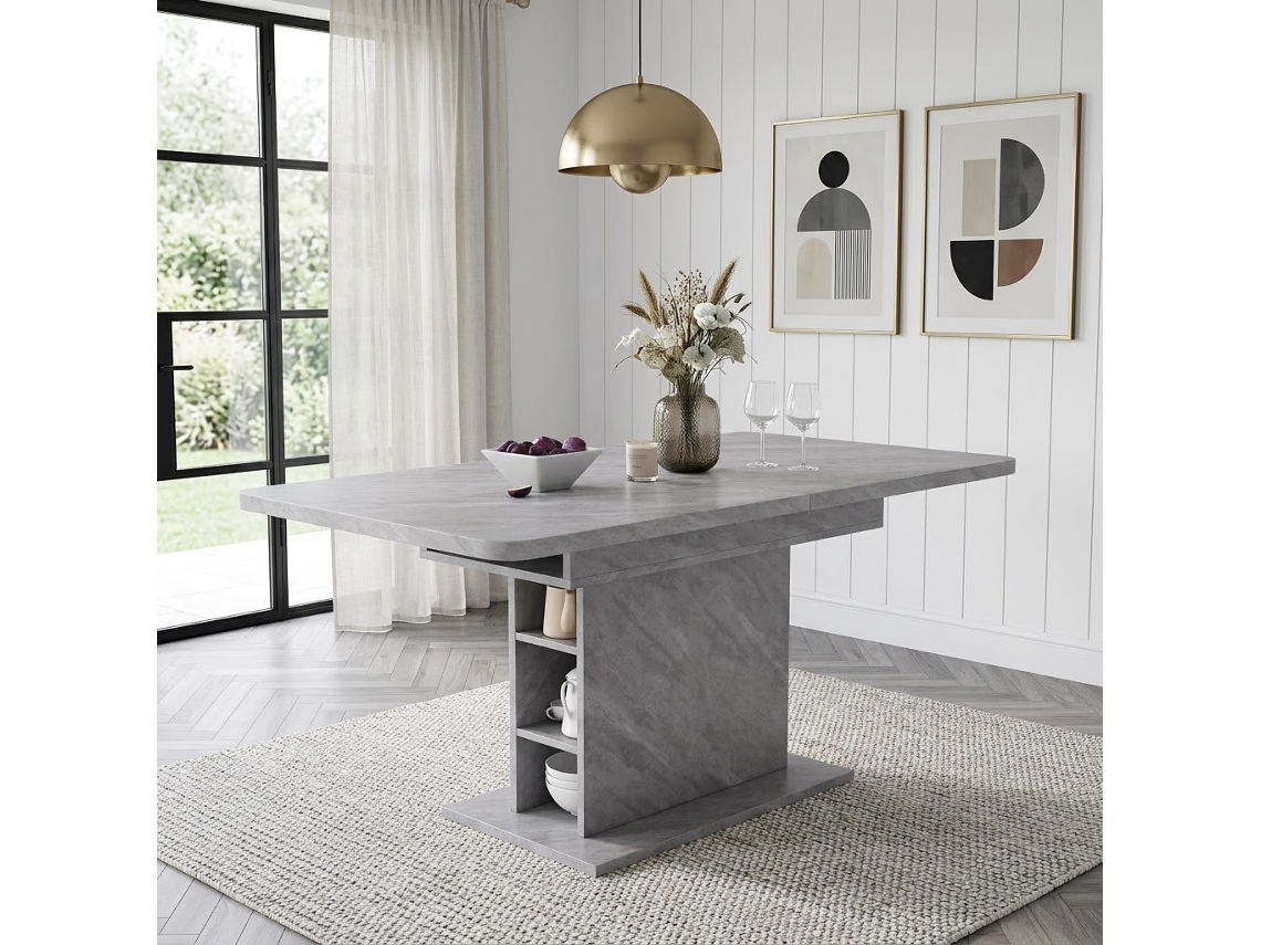 Mesa De Jantar Retangular Com Armazenamento, Extensível, Ferro Moderno, Economiza Espaço, Efeito Concreto