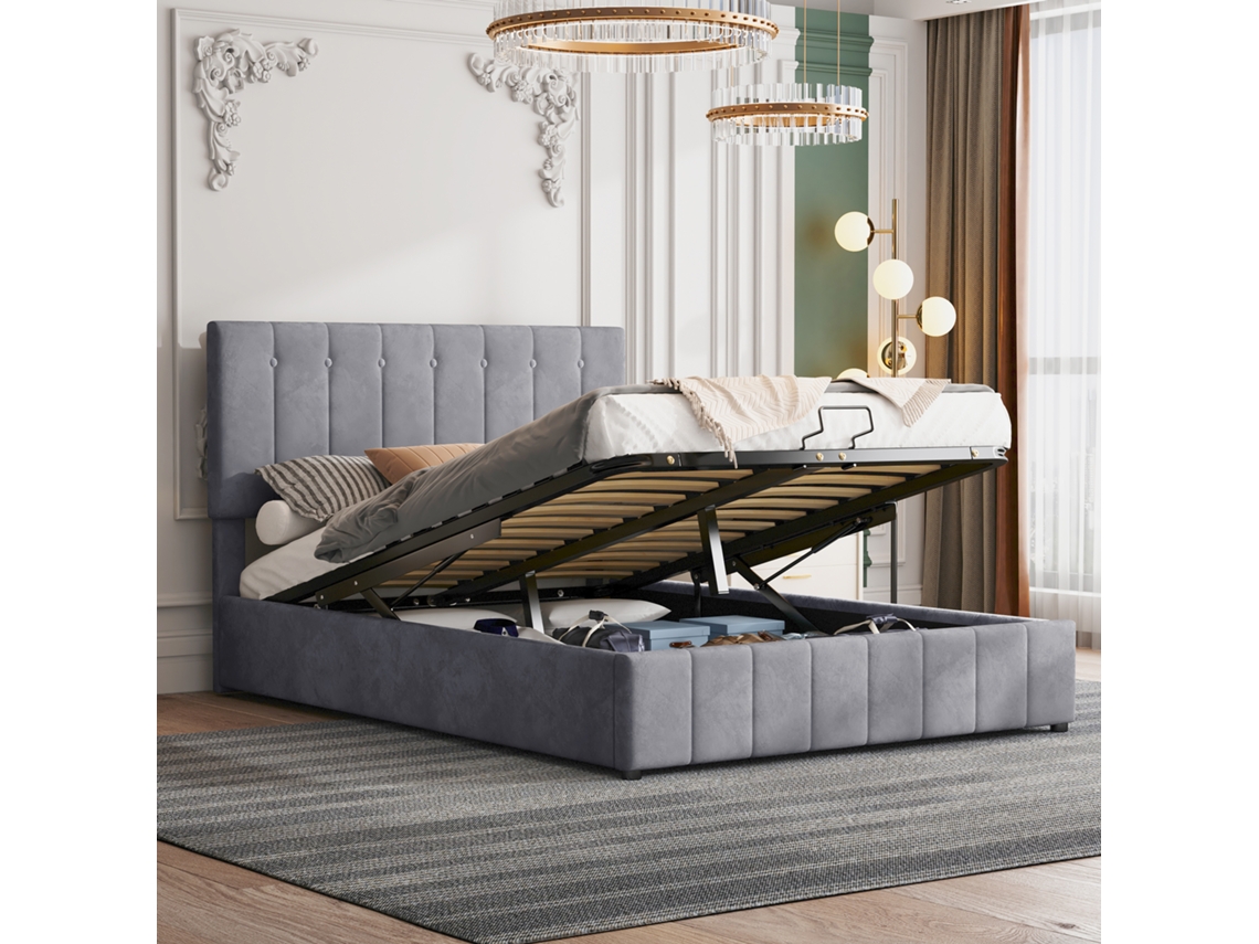 Cama 140x200 Com Armário Hidráulico, Cabeceira Ajustável E Estrutura De Metal Cinza