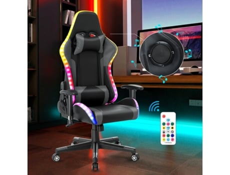 Cadeira para jogos com luzes LED RGB e alto-falantes Cadeira para videogame Cadeira para computador de corrida Cadeira para PC Couro PU cinza
