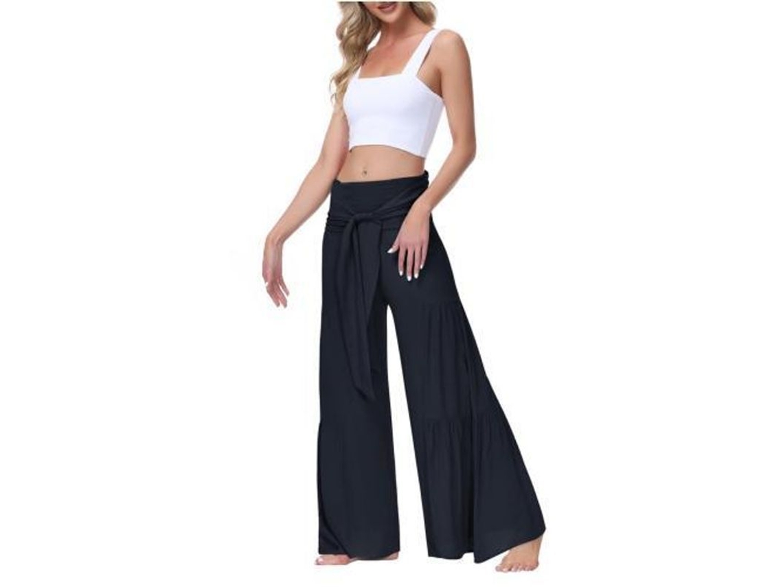 2026 pantalones de Descanso Amplios de Mujer de Cintura Alta Con Correa Atada para Playa Y Yoga L Azul Escuro