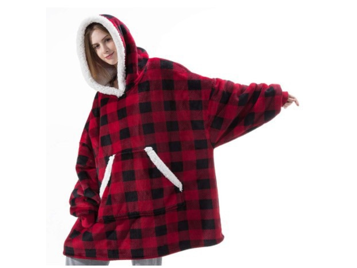 Mub- Tv Fleece Engrossado Pijama Estendido Cobertor Tv Quente Ao Ar Livre Frio Roupão Moletom Com Capuz Cobertor Xadrez Vermelho G-aquaforge