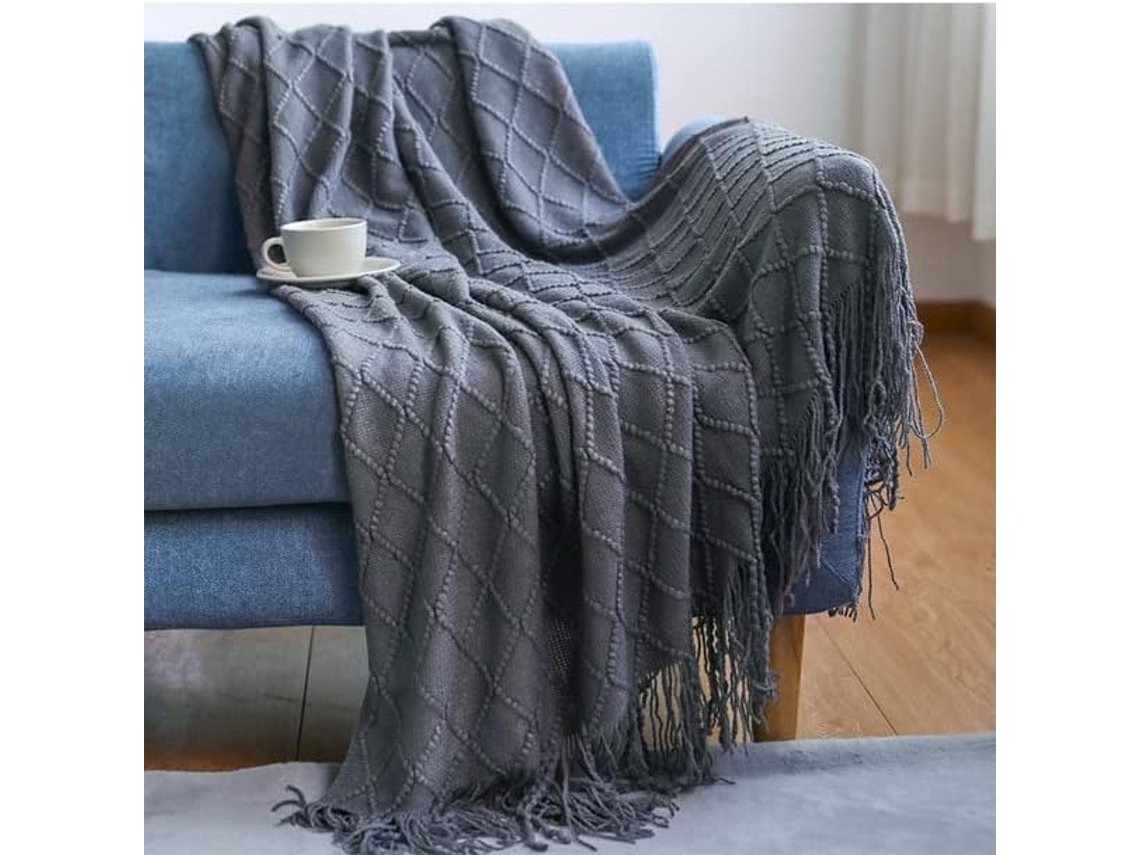 Manta Mantou de Malha Waffle em Cor Sólida Decorativa Nórdica com Relevo para Sofá e Cama Grossa, Macio, Quent