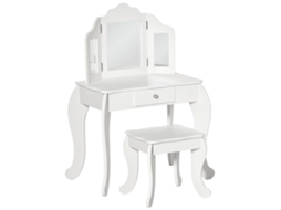 Coiffeuse Infantil com Banquinho, Espelho Triplo, Gaveta, 63x40x85.5cm, Branco BTFORUS