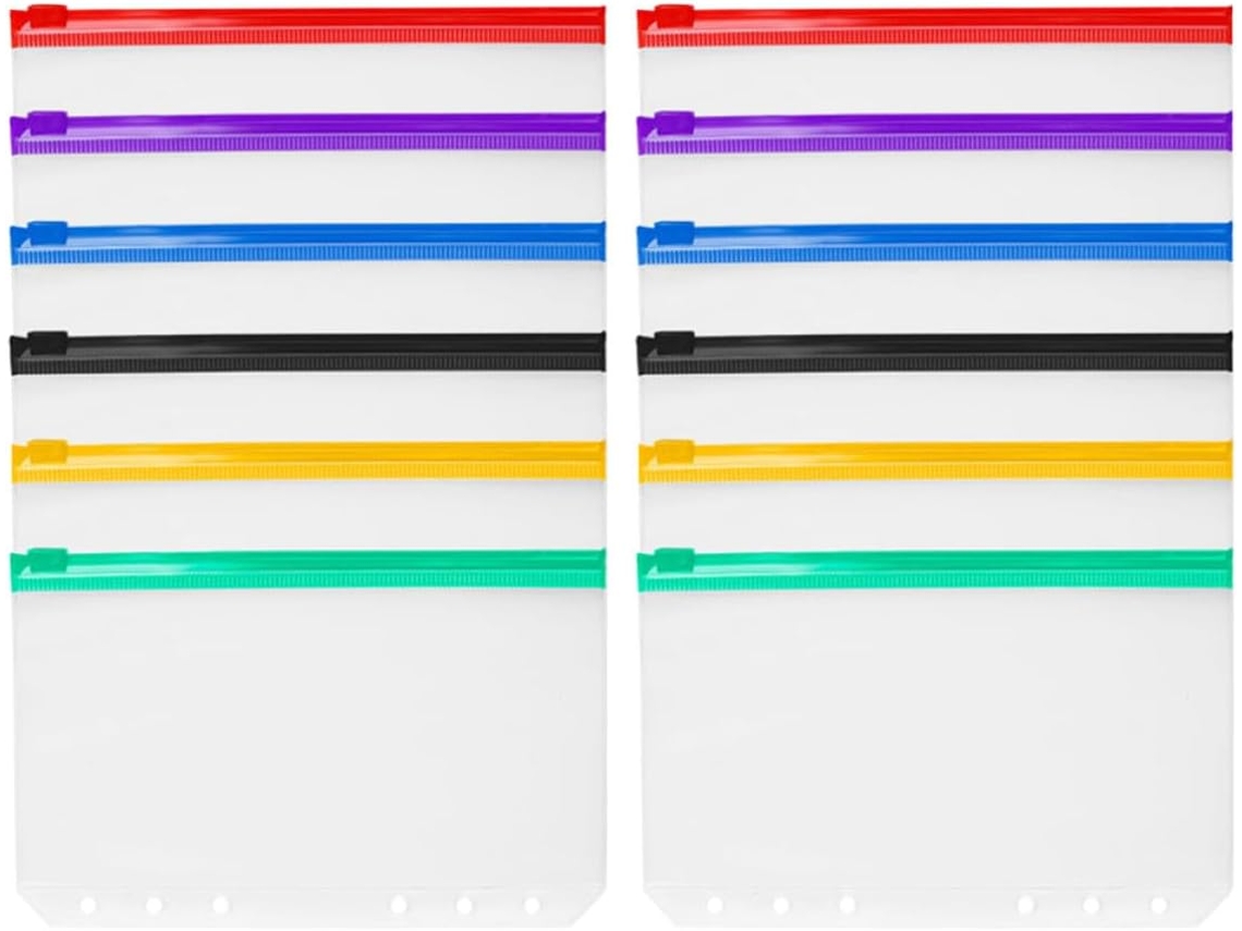 Conjunto de 12 pastas para documentos Fomiyes tamanho A6 com zíper, em PVC colorido da Fosco, com 6 folhas de cola Argolas.
