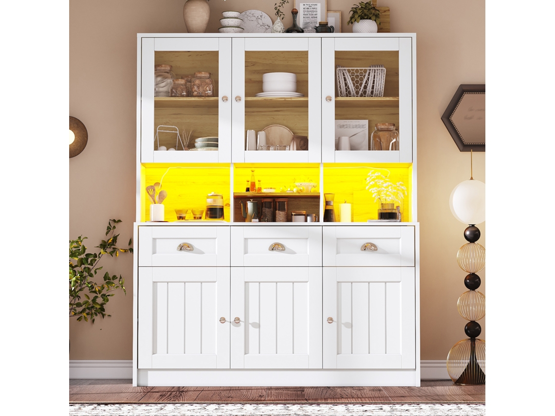 Armário Alto 140×40×175cm Envidraçado, Prateleiras Moduláveis, Led Mudança De Cor Bicolor Branco E Preto