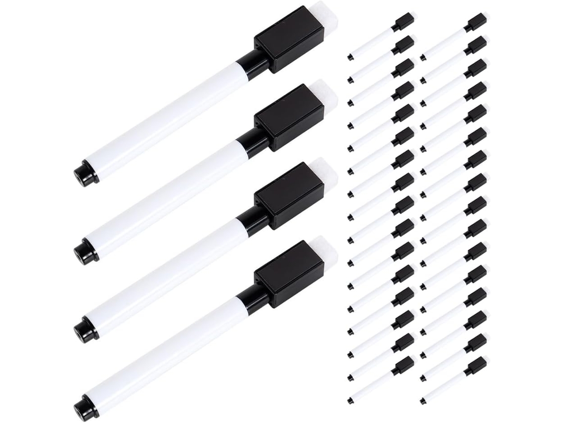 Pacote com 100 Marcadores para Quadro Branco Alipis Apagador Integrado, Plástico Preto, Escrita Suave Apresent