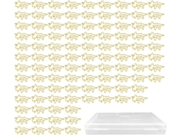 Clips de papel em formato de dinossauro dourado, perfeitos para organização na mesa e na escola.