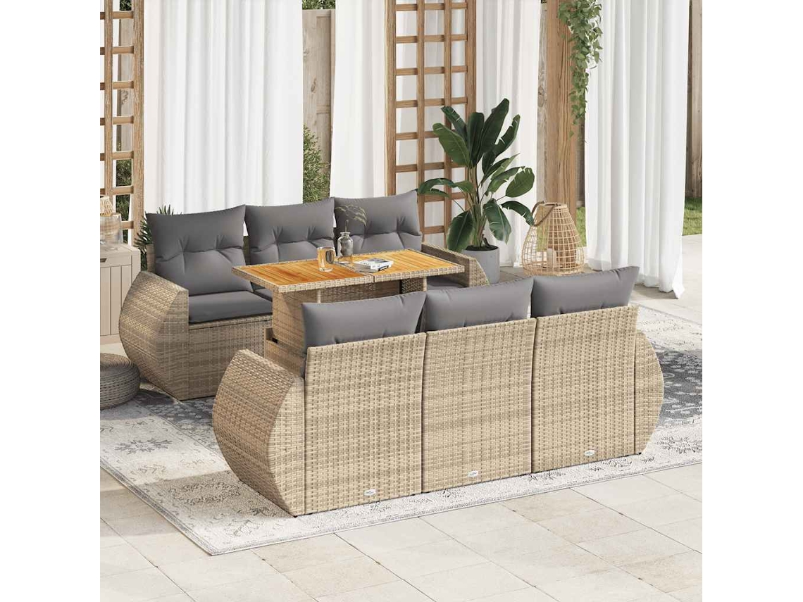 Vidaxl 7 Pcs Conjunto De Sofás P/ Jardim Com Almofadões Vime Pe Bege