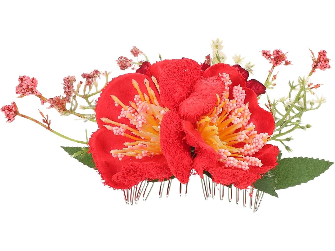 Caneta para Cabelo Com Flores Artificiais, Desenho Floral Vermelho, Confeccionada em Metal Resistente.