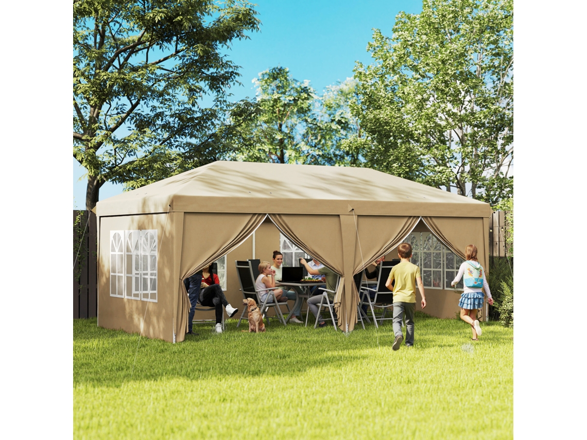 Gazebo Dobrável Impermeável 6x3x2,7m, Com 4 Paredes Laterais Removíveis, 4 Janelas E Bolsa De Transporte, Na Cor Cáqui