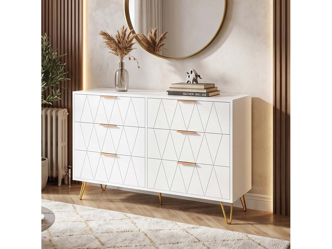 Lazyspace Comoda De Quarto 100x34 Cm Com 6 Gavetas Padrao Geometrico E Pes De Metal - Branco