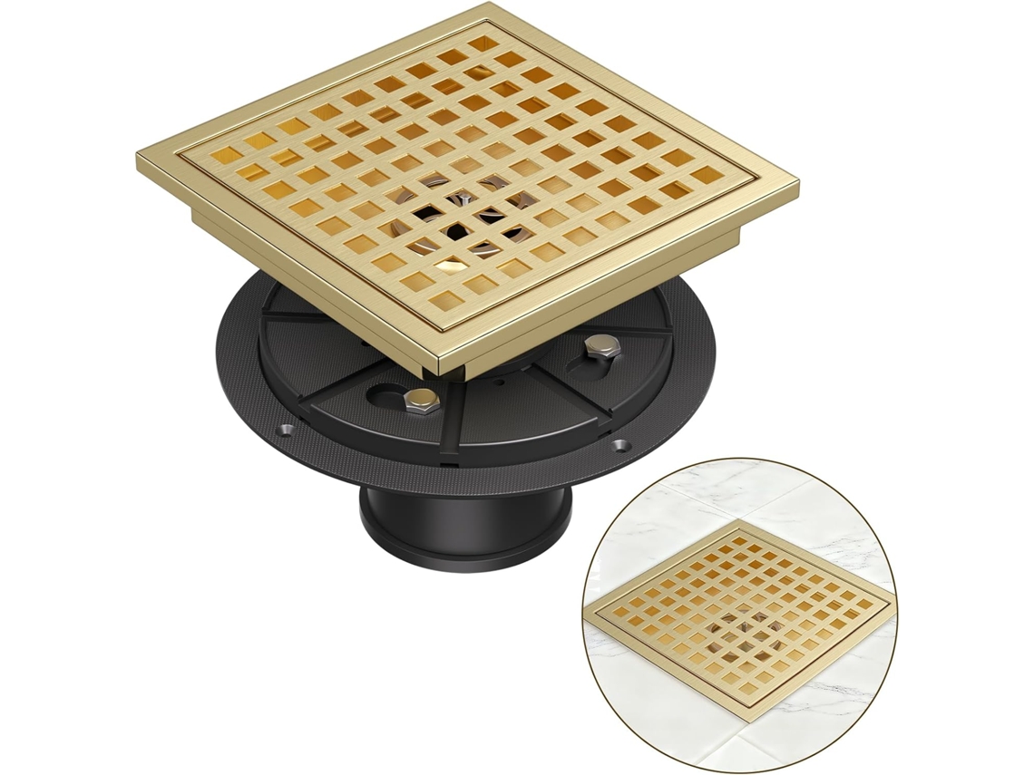 Ralo De Piso Quadrado Para Chuveiro, Em Aço Inoxidável 304, 4 Polegadas, Acabamento Dourado Escovado, Com Coletor De Cabelo