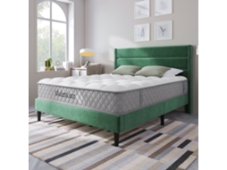 Cama Estofada 140x200 Cm Com Estrado E Cabeceira, Cama De Casal Acolchoada, Veludo Verde Escuro Mobrio