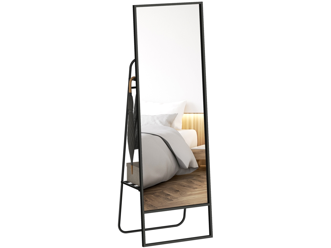 Espelho De Corpo Inteiro, Design Industrial, Com Prateleira Traseira, 2 Ganchos, Moldura De Metal, Ideal Para Quarto, 157 X 50 Cm, Preto.