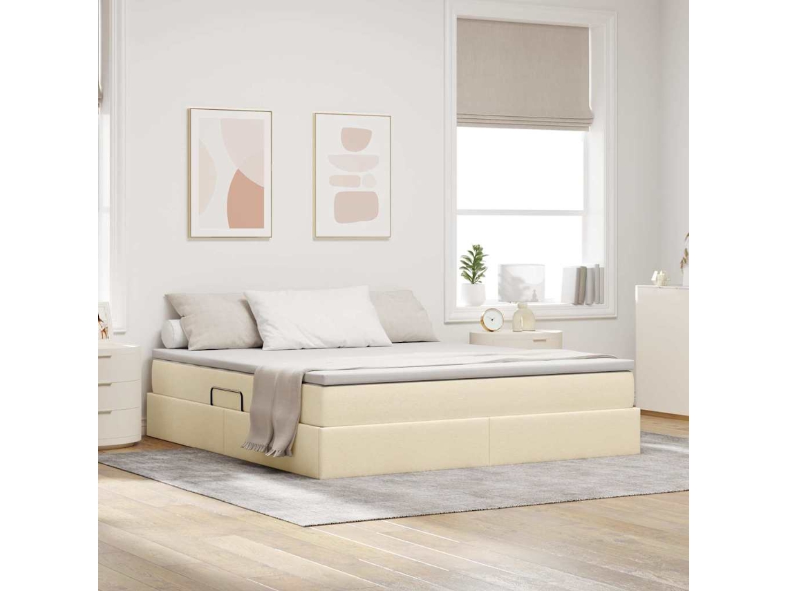Vidaxl Cama Com Arrumação E Colchão Creme 160 X 200 Cm Poliéster