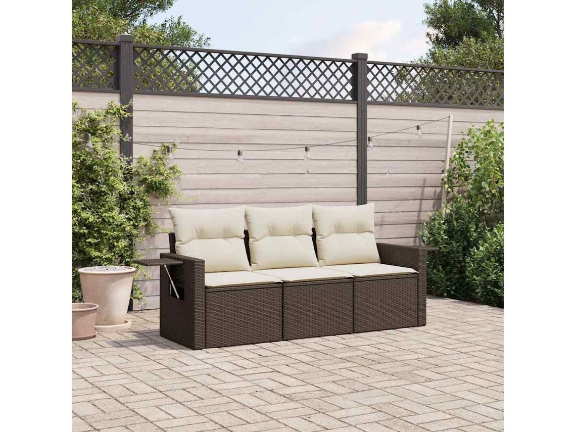 Conjunto 3 Peças Sofás De Jardim Com Almofadões Vime Pe Marrom Dkd Home Decor